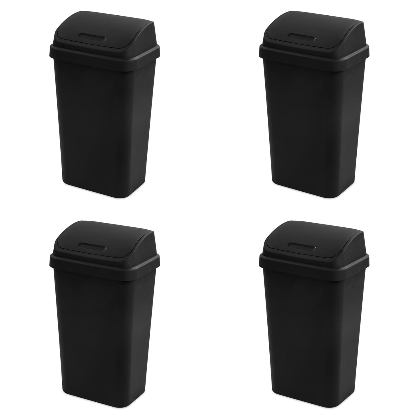 Sterilite 4-Pack Swing Top Wastebasket, Sleek Square Profile Trash Can, 13 Gallon, Black - Modern Garbage Bin for Kitchen, Bathroom, Garage and Workspace, Fits 13 Gal Liners