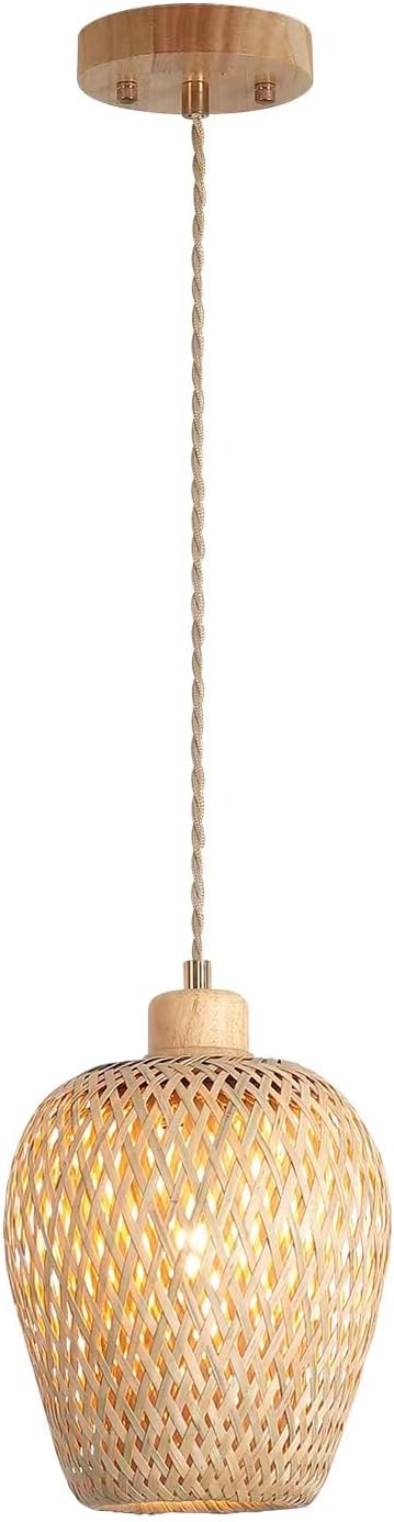 Hchunqjor Bamboo Pendant Light Fixture One-Light Adjustable Boho Basket Handmade Woven Mini Pendant Lighting for Kitchen Island Sink Farmhouse Home