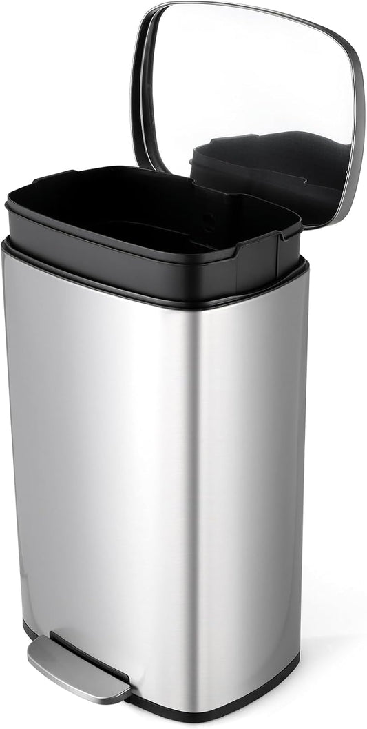 8 Gal Kitchen Trash Can, 30L Recycling or Garbage Bin, Brushed Stainless Steel Waste Basket, Soft&Quiet Close Dustbin, with Step-On Pedal, Removable Inner Bucket, for Home, Office, LIving Room
