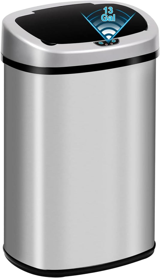 Kitchen Trash Can | Stainless Steel 13 Gallon Trash Can | 50L Touch Free Garbage Can with Lid | Electronic Sensor High Capacity Trash Bin for Room Kitchen Office, Silver