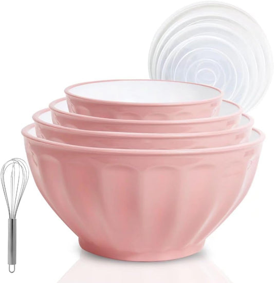 JCXivan Mixing Bowls with Lids Set,4 Piece Large Plastic Nesting Bowls,Includes 4 Microwave safe Mixing Bowl and An Egg Whisk for Kitchen Prepping,Baking,Cooking Food, Pink