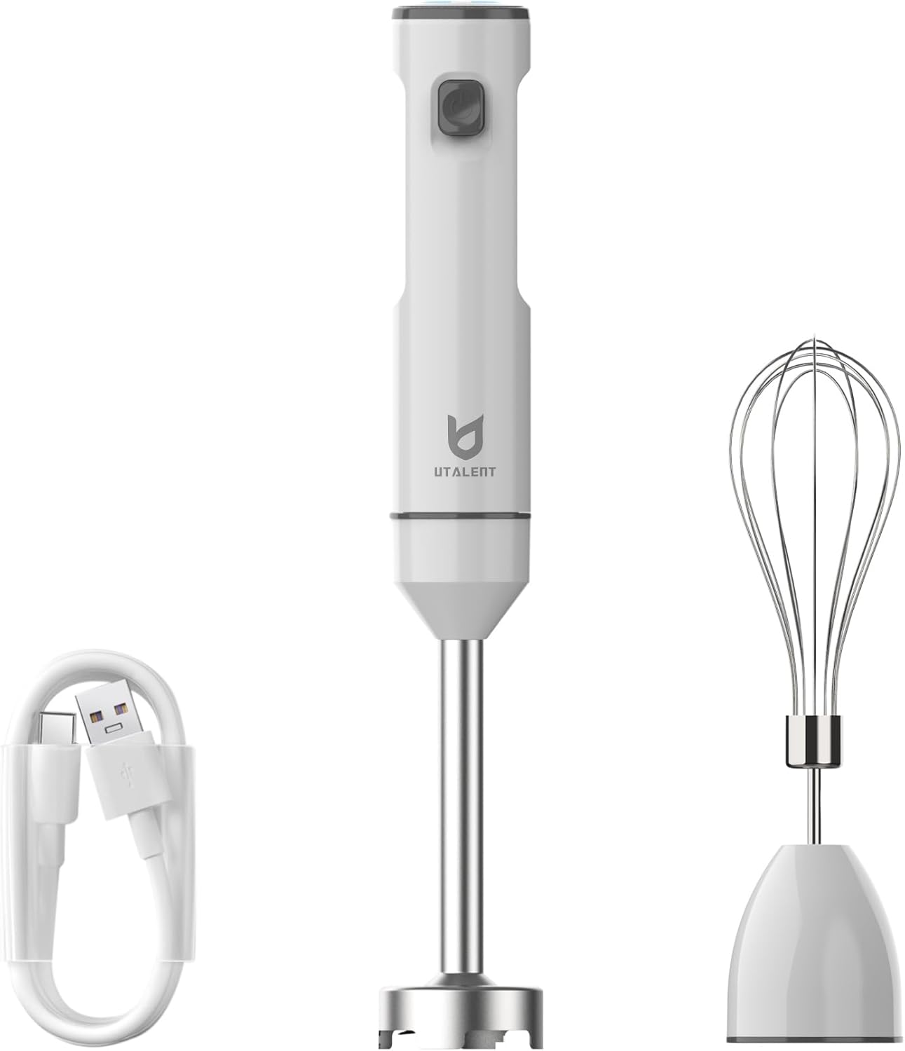 Cordless Hand Blender, UTALENT Variable Speed Immersion Blender handheld Rechargeable, with USB-C Charging Cable, Egg Whisk, for Smoothies, Milkshakes, Hummus and Soups – White