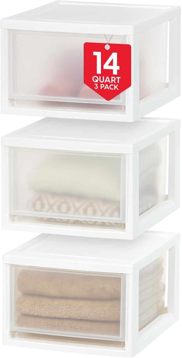 IRIS USA 14.5 Qt. Plastic Drawer Storage Organizer Stacking Drawers, 3-Pack, Stackable Unit with Sliding Drawer for Clothes Bedroom Kitchen Under Sink Pantry Craft Room Bathroom Dorm Office, White