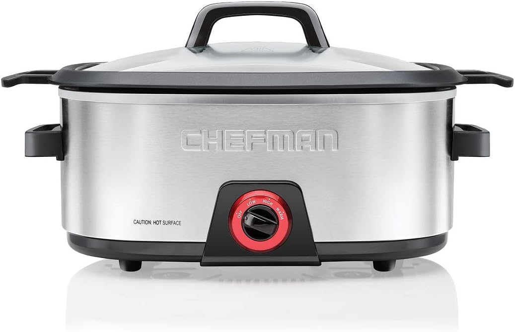 Chefman 6-Quart Slow Cooker, Electric Countertop Cooking, Stovetop & Oven-Safe Removable Insert for Browning & Sautéing, Family-Size Soups & Stews, Nonstick & Dishwasher-Safe Interior,Stainless Steel