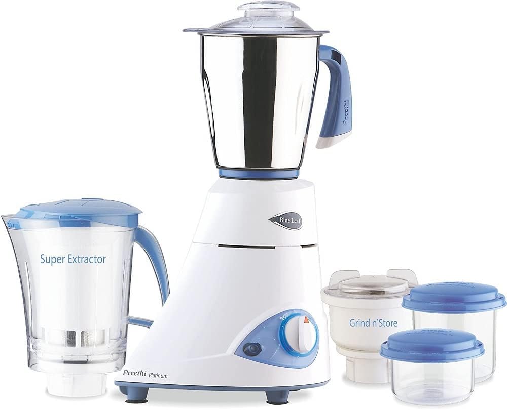 Preethi Blue Leaf Platinum 3-Jar Mixer Grinder, 550-Watt, Stainless Steel