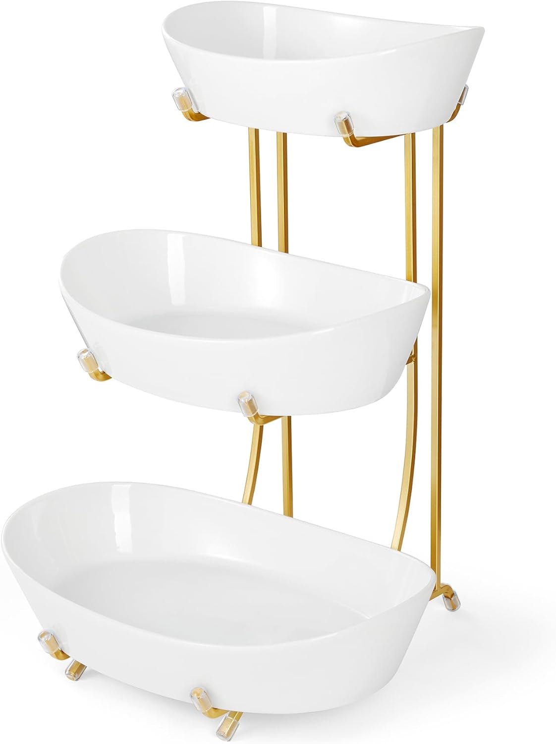 Yedio Fruit Bowls for Kitchen Counter, No Assembly Required, 3 Tier Porcelain Serving Bowls with Metal Stand, Tiered Fruit Basket for Fruit Vegetable Storage, Snack, Nuts, Cake, Dessert