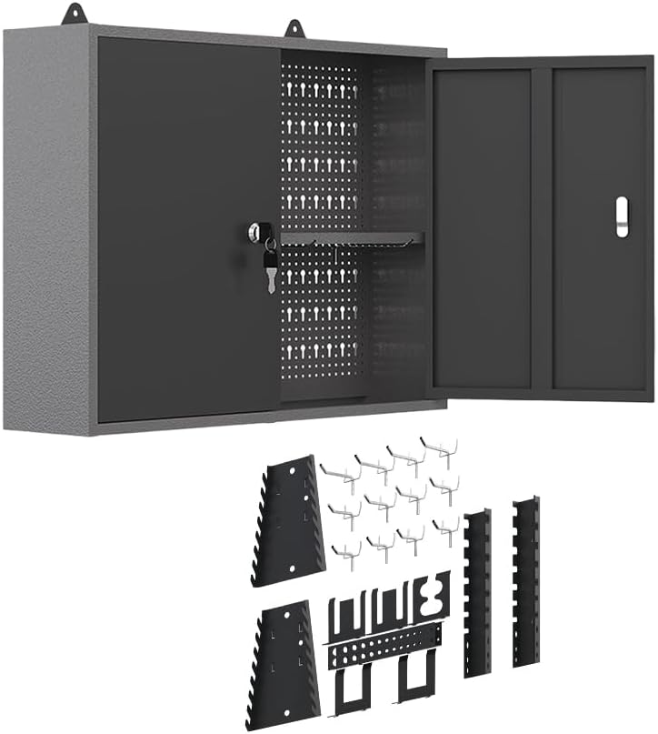 JZD Steel Hanging Upper Garage Cabinets with 22 Tool Hooks, Wall Cabinet for Tool Organization, Black & Grey