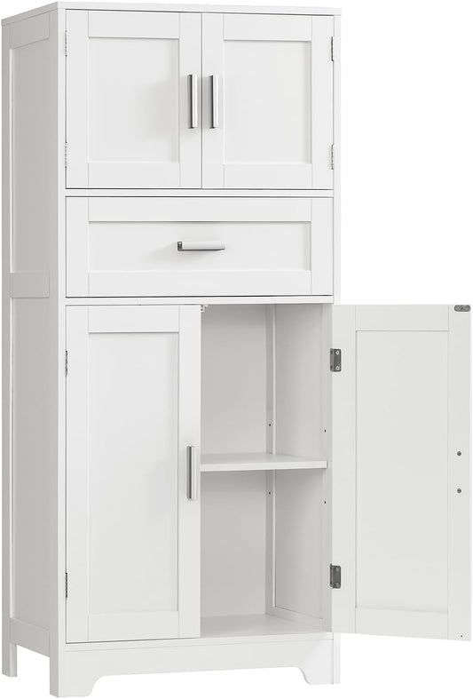 TEENFON Bathroom Storage Cabinet with Adjustable Shelf & Large Drawer, Tall Storage Cabinet with 4 Doors, Kitchen Pantry Storage Cabinets for Living Room, Dining Room, Home Office, Entryway, White