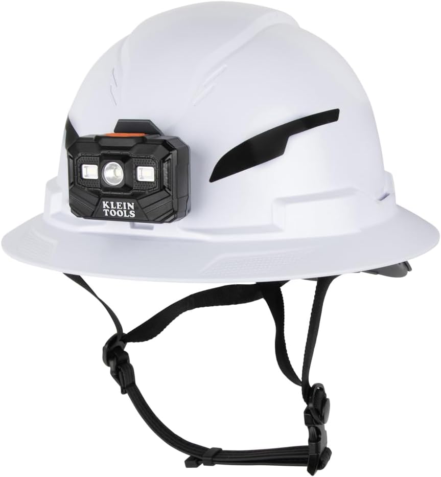 Klein Tools 60406T2RL Type 2 Hard Hat, Non-Vented Full Brim, Class E, 6-Point Suspension with Accessory Mounts, Washable Padding, and Rechargeable Headlamp