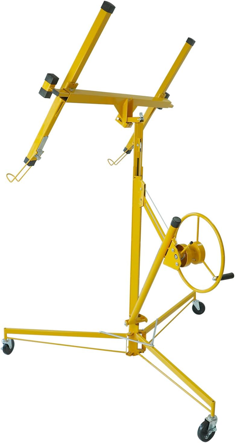 16 FT Drywall Lift Panel Rolling Hoist Jack Lifter Sheetrock, Drywall Lifting Construction Tools Caster Wheel with Adjustable Telescopic Arm, 16', Yellow