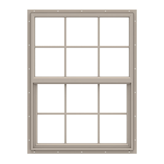 Pella 150 Series 31-1/2-in x 35-1/2-in Fossil Exterior Vinyl New Construction Single Hung Window Low-E argon Double Pane Glass with Grids, (Half Screen Included)