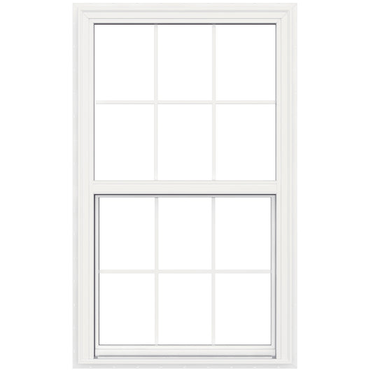 JELD-WEN V-2500 White Exterior Vinyl New construction Single Hung Window Low-E argon Double Pane Glass with Grids, (Half Screen Included)