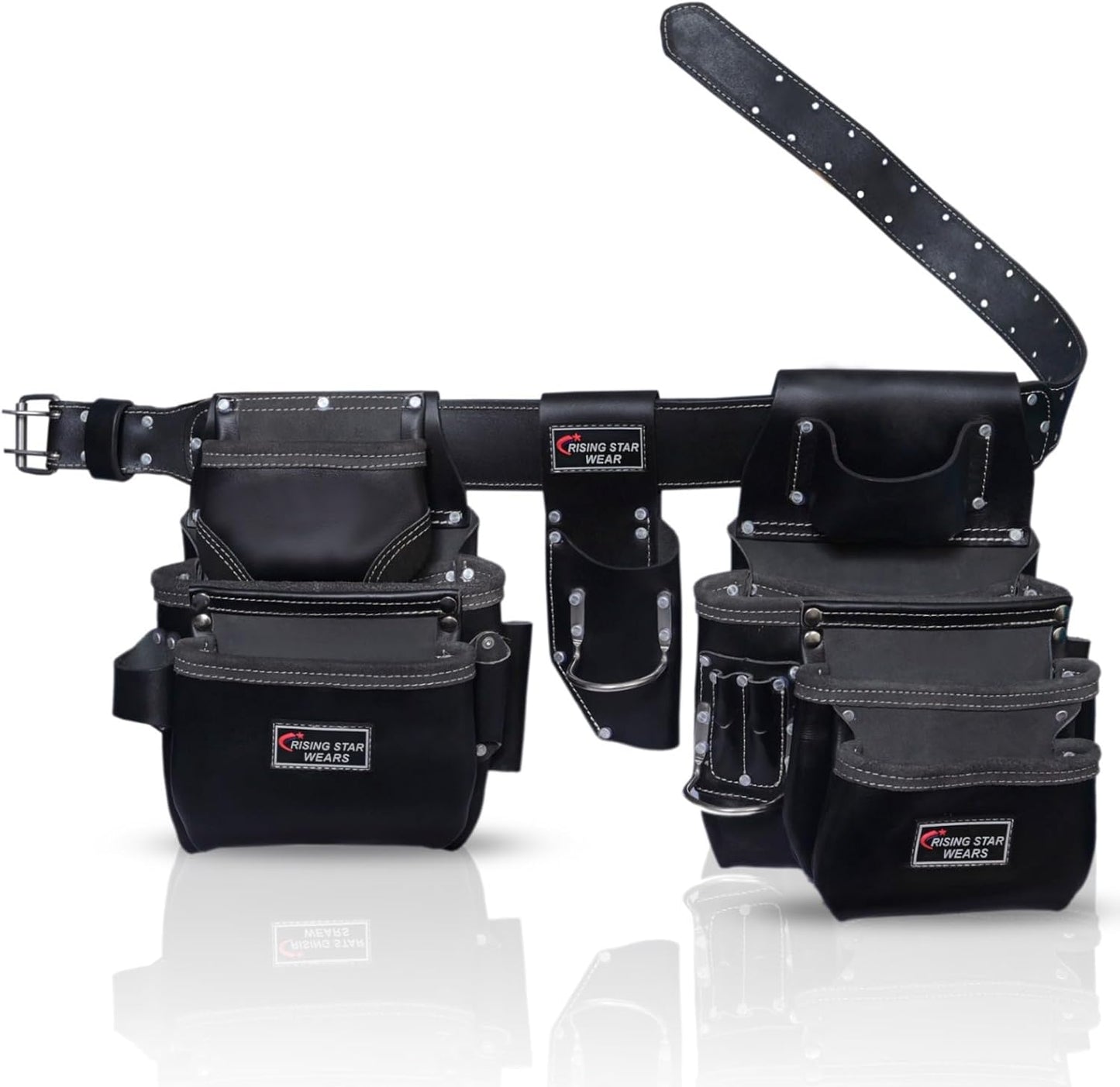 RISING STAR WEARS PURE BLACK LEATHER TOOL BELT POUCH PERFECT FOR CARPENTERS, PLUMBERS, ELECTRICIANS, GARDENERS AND CONSTRUCTION WORKERS MULTIPURPOSE 18 POCKETS POUCH WITH FRAMING TOOL BAGS