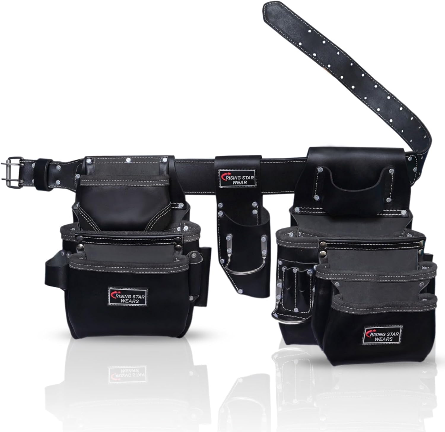 RISING STAR WEARS PURE BLACK LEATHER TOOL BELT POUCH PERFECT FOR CARPENTERS, PLUMBERS, ELECTRICIANS, GARDENERS AND CONSTRUCTION WORKERS MULTIPURPOSE 18 POCKETS POUCH WITH FRAMING TOOL BAGS