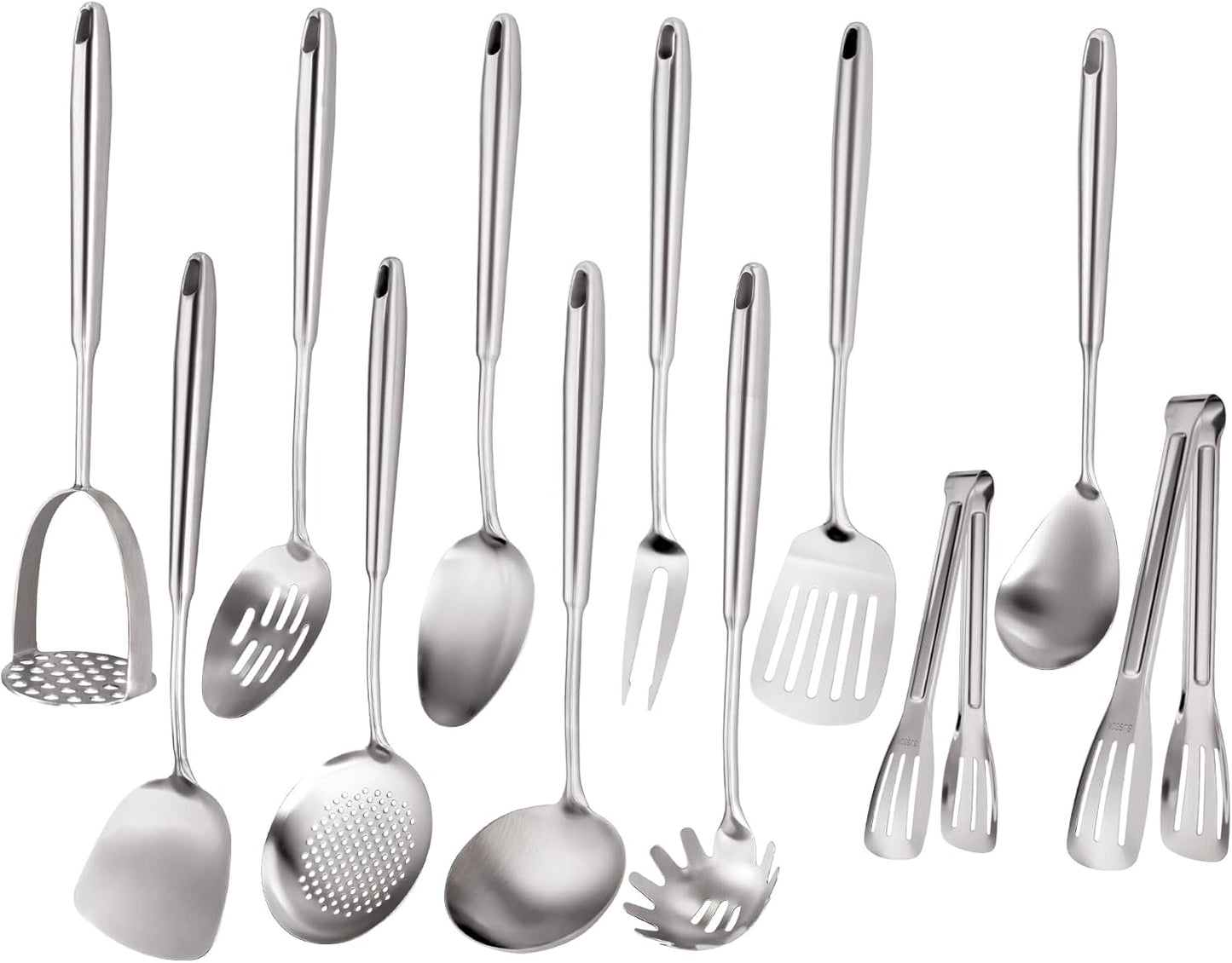 304 Stainless Steel Cooking Utensils Set, Stainless Steel Kitchen Utensils, 12 PCS Long Large Metal Cooking Utensil Tools Set, Potato Masher, Fork, Tongs, Pasta, etc (Dishwasher Safe)