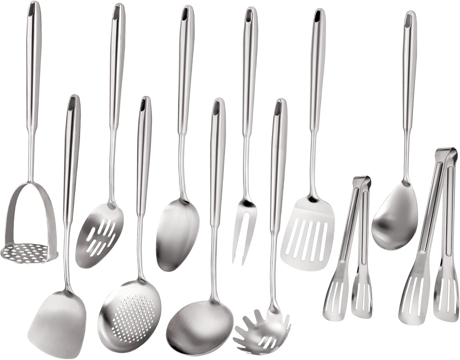 304 Stainless Steel Cooking Utensils Set, Stainless Steel Kitchen Utensils, 12 PCS Long Large Metal Cooking Utensil Tools Set, Potato Masher, Fork, Tongs, Pasta, etc (Dishwasher Safe)