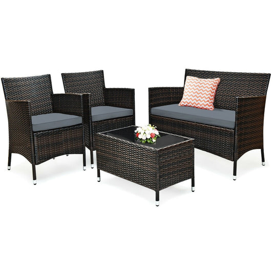 WELLFOR 4 -Piece Rattan Patio Conversation Set with Gray Cushions