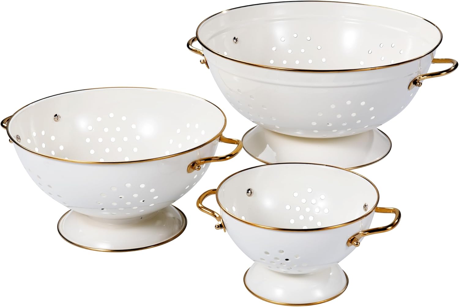 Metal Colander Set of 3, Strainer Basket with Handles perfect for Spaghetti, Pasta, Berry, Vegetable, Fruit, Solid Base Powder Coated Kitchen Essential Strainer Set, 1 & 3.5 & 5 Qt (Cream)