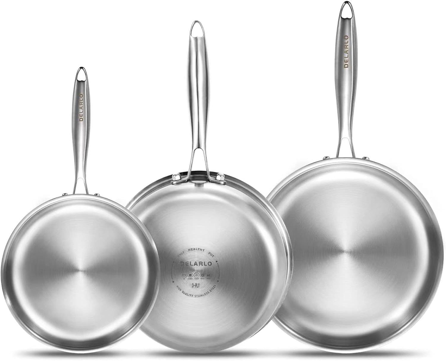 DELARLO Whole Body Tri-Ply Stainless Steel Frying Pan set, 8\u201D\/10\u201D\/12\u201D Cooking pans, Kitchen Cookware Set, Fast Heating Chef's pan with Ergonomic Handles, Suitable for All Stove