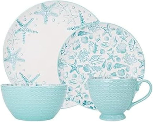 Pfaltzgraff Venice 16-Piece Stoneware Dinnerware Set, Service for 4, Aqua and White Color Combination, Durable and Chip Resistant, Microwave Safe
