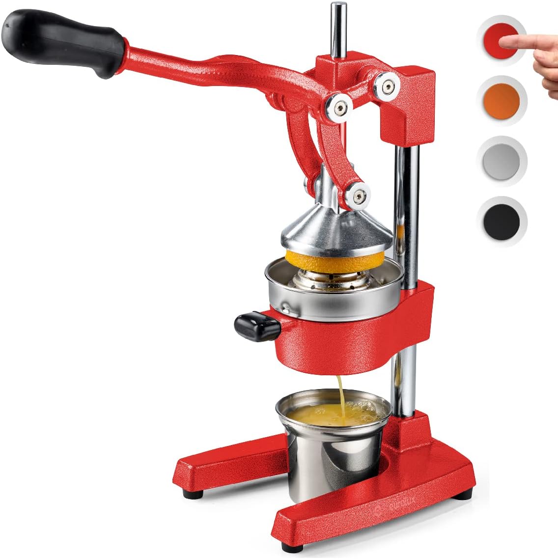 Eurolux Cast Iron Citrus Juicer | Extra-Large Commercial Grade Manual Hand Press | Heavy Duty Countertop Squeezer for Fresh Orange Juice (Bonus Stainless Steel Cup) (Red)