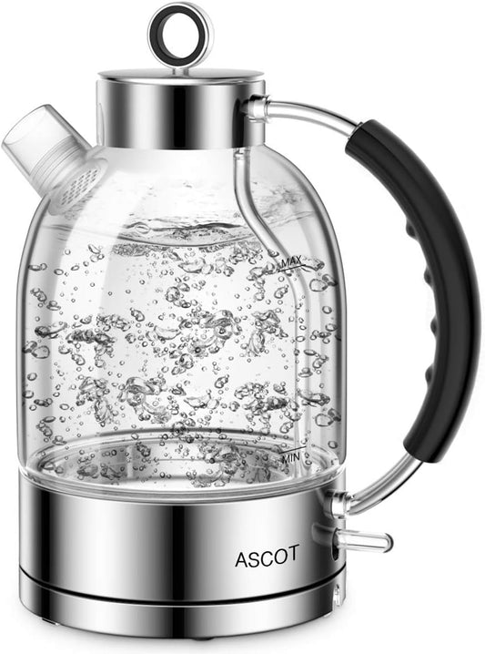 ASCOT Electric Kettle, Glass Electric Tea Kettle Gifts for Men\/Women\/Family 1.5L 1500W Borosilicate Glass Tea Heater, with Auto Shut-Off and Boil-Dry Protection (Silver)