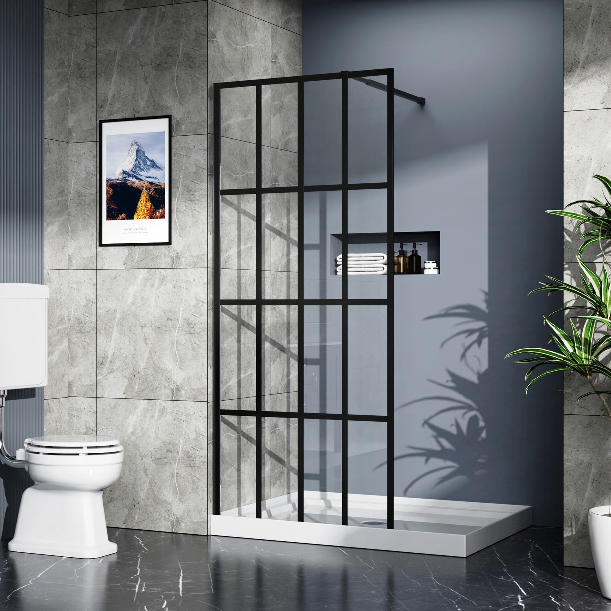 WELLFOR GY Shower Panel Matte Black 34-in W x 72-in H Framed Clear Glass Fixed Shower door