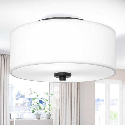 Lodstob 2-Light Flush Mount Ceiling Light Fixture, 12\u201D Modern Close to Ceiling Light with White Fabric Linen Drum Shade, Round Ceiling Light for Bedroom Hallway Living Room Bathroom Dining Kitchen