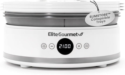 Elite Gourmet EFD329WD Digital Food Dehydrator with 5 BPA Free SlimStore™ Collapsible Trays for Compact Storage, Adjustable Timer and Temperature Controls, Jerky, Herbs, Fruit, Veggies, Snacks, White