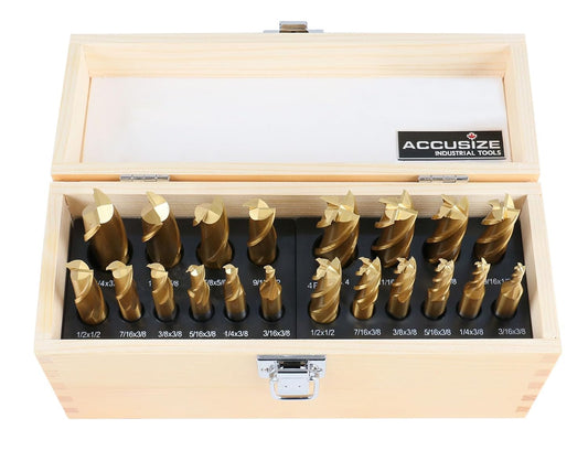 Accusize Industrial Tools 20 Pc Hss Tin Coated End Mill Set, 2 Flute and 4 Flute, Cutting Diameter from 3\/16'' up to 3\/4'', 1810-0100