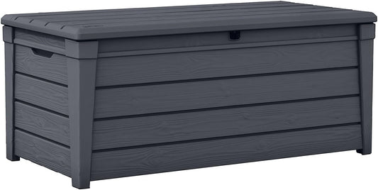 Keter Brightwood 120 Gallon Resin Large Deck Box for Patio Garden, Outdoor Cushion Storage, Pool Accessories, Tools, Grey