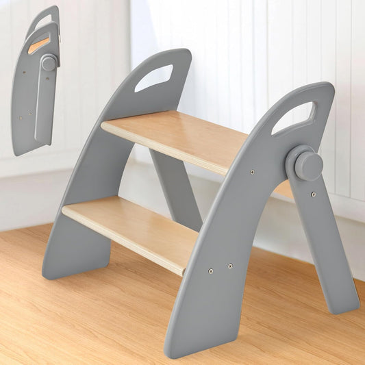 Reeple Wooden Step Stool, Two Step Stools, 300 lb. Load Capacity, with Safety Non-Slip Pads and Handles, Bamboo Step Stool for Bathroom and Kitchen, Children's Double Height Step Stools (Grizzly)