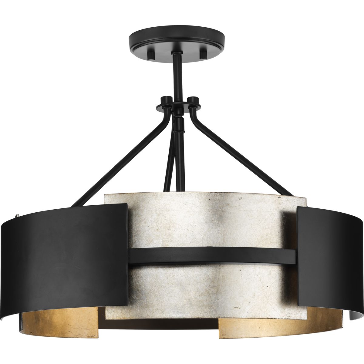 Progress Lighting Lowery 3 -Light Matte Black with Aged Silver Leaf Accents Modern/contemporary Drum Medium Hanging Convertible pendant/Semi-flush 5302961