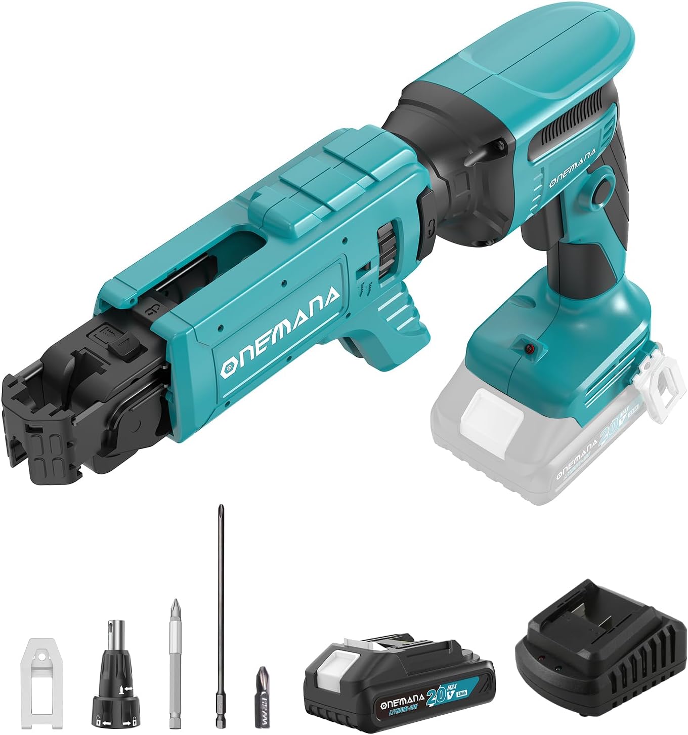 ONEMANA 20V MAX Brushless Cordless Drywall Screw Gun Kit,Batteries & Charger 4200RPM Auto-Feed Screwgun with Depth Adjustment Includes Collated Attachment, Tool Bag & LED Light