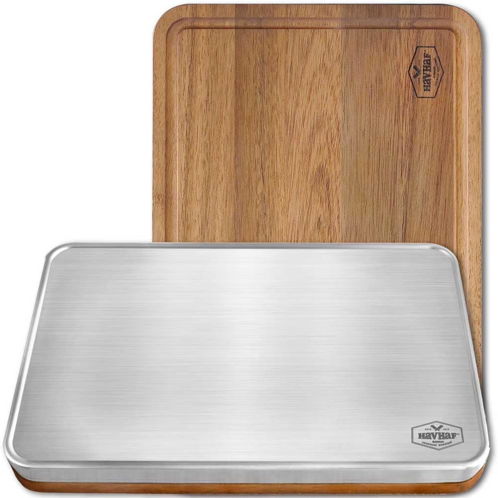 HAVHAF Stainless Steel Cutting Boards For Kitchen With Lip(Wood & Metal, Large) - Non Plastic Non Toxic Acacia Wooden Double Sided Cutting Boards For Meat Defrost Chopping Boards Steel For Kitchen