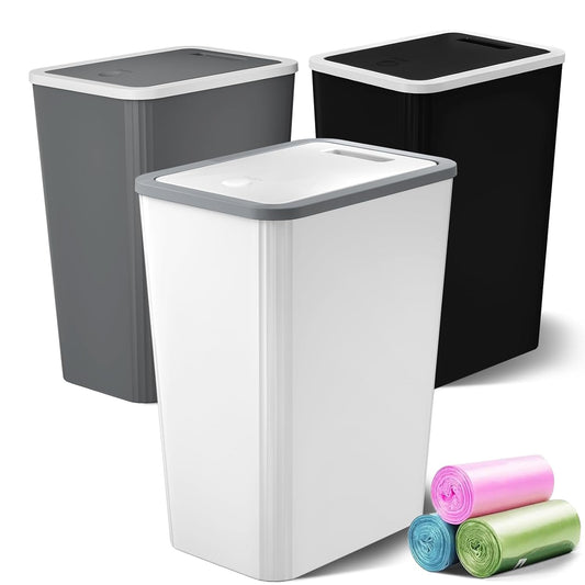 Small Trash Can, 3 Pack 4 Gallons Bathroom Garbage Can with Lid Press-Top, Small Waste Basket with Trash Bags, Slim Plastic Garbage Bin for Dorm, Office, Bedroom, Kitchen, Living Room (Multi)