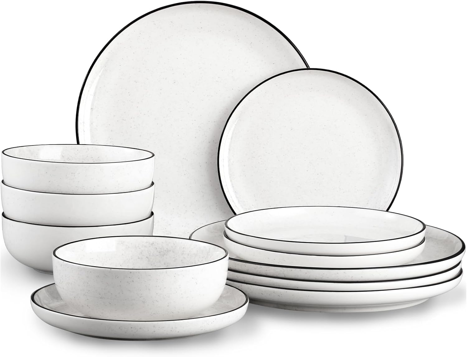 SOVEGLEE Plates and Bowls Sets for 4,12 Pieces Ceramic Dish set, White Dinnerware Set for Kitchen, Modern Design Plate Sets with Black Rim, Microwave and Dishwasher Safe