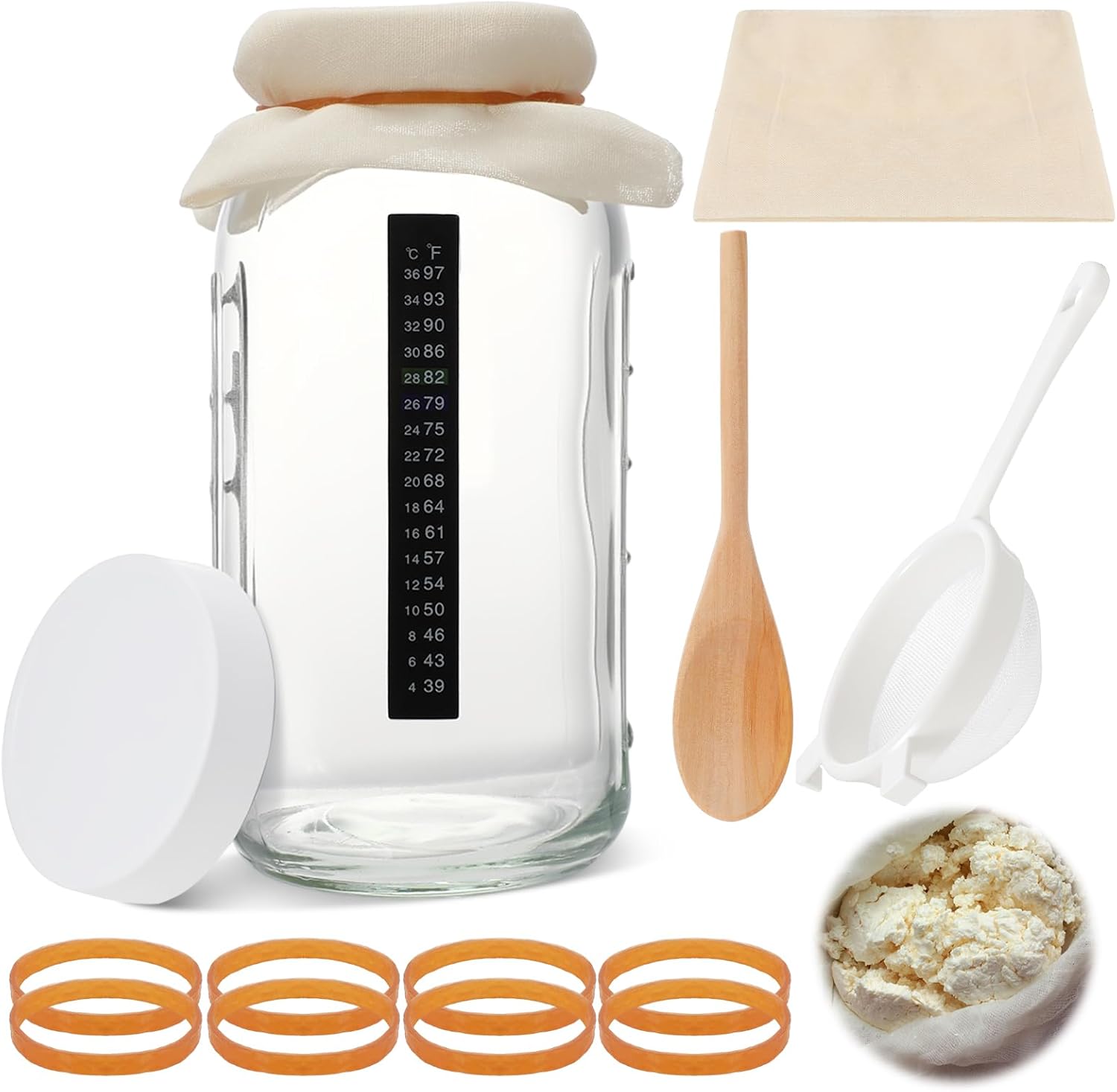 Honeydak 8 Pcs Complete Kefir Starter Kit Kombucha Fermenter Kit Half Gallon 64oz Mason Jar Wide Mouth with Plastic Storage Lid Nylon Mesh Strainer Cotton Cloth Cover and Wood Spoon