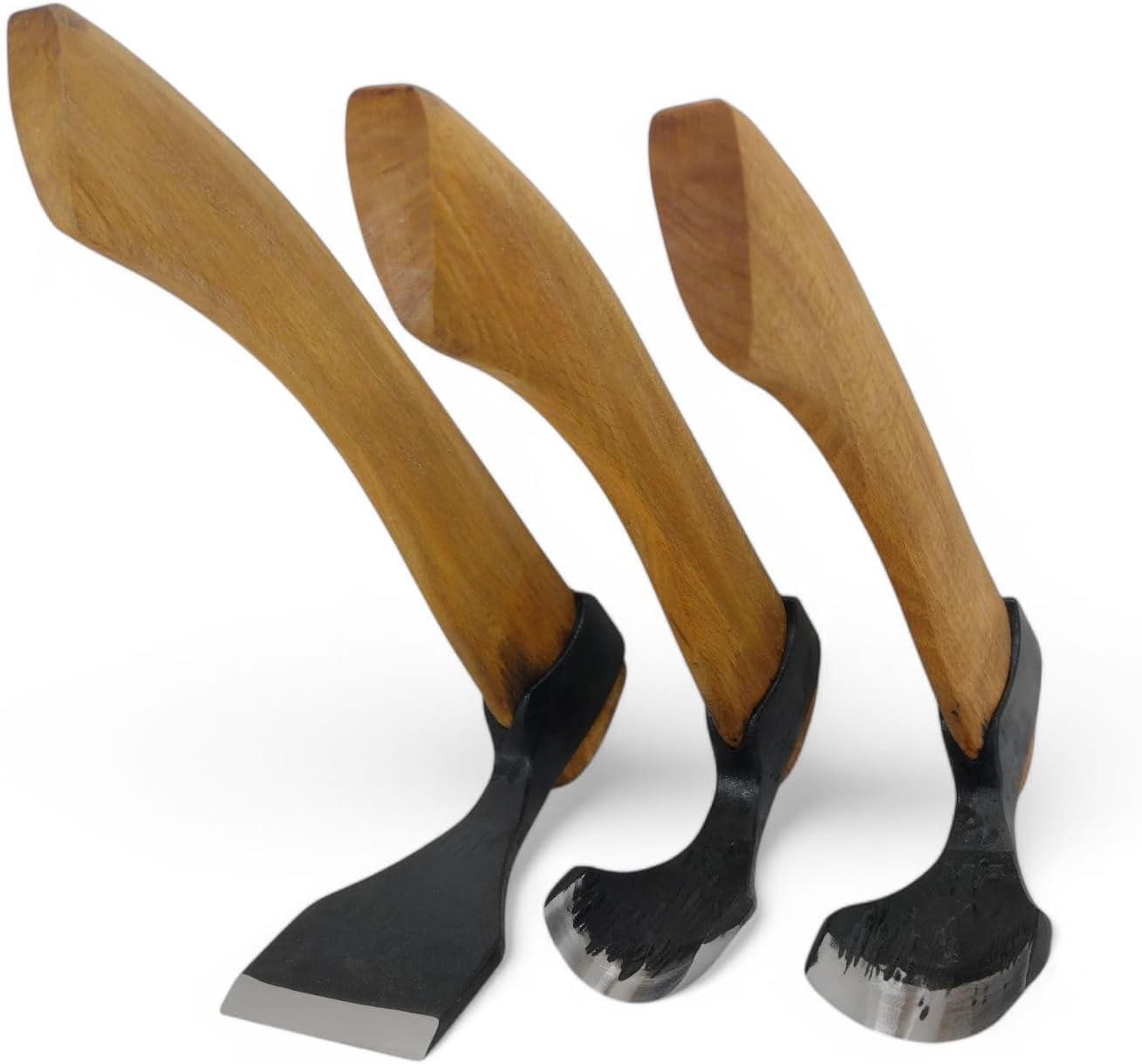 Set of 3 wood carving woodworking bowl adze tools - straight - large - small curved adze