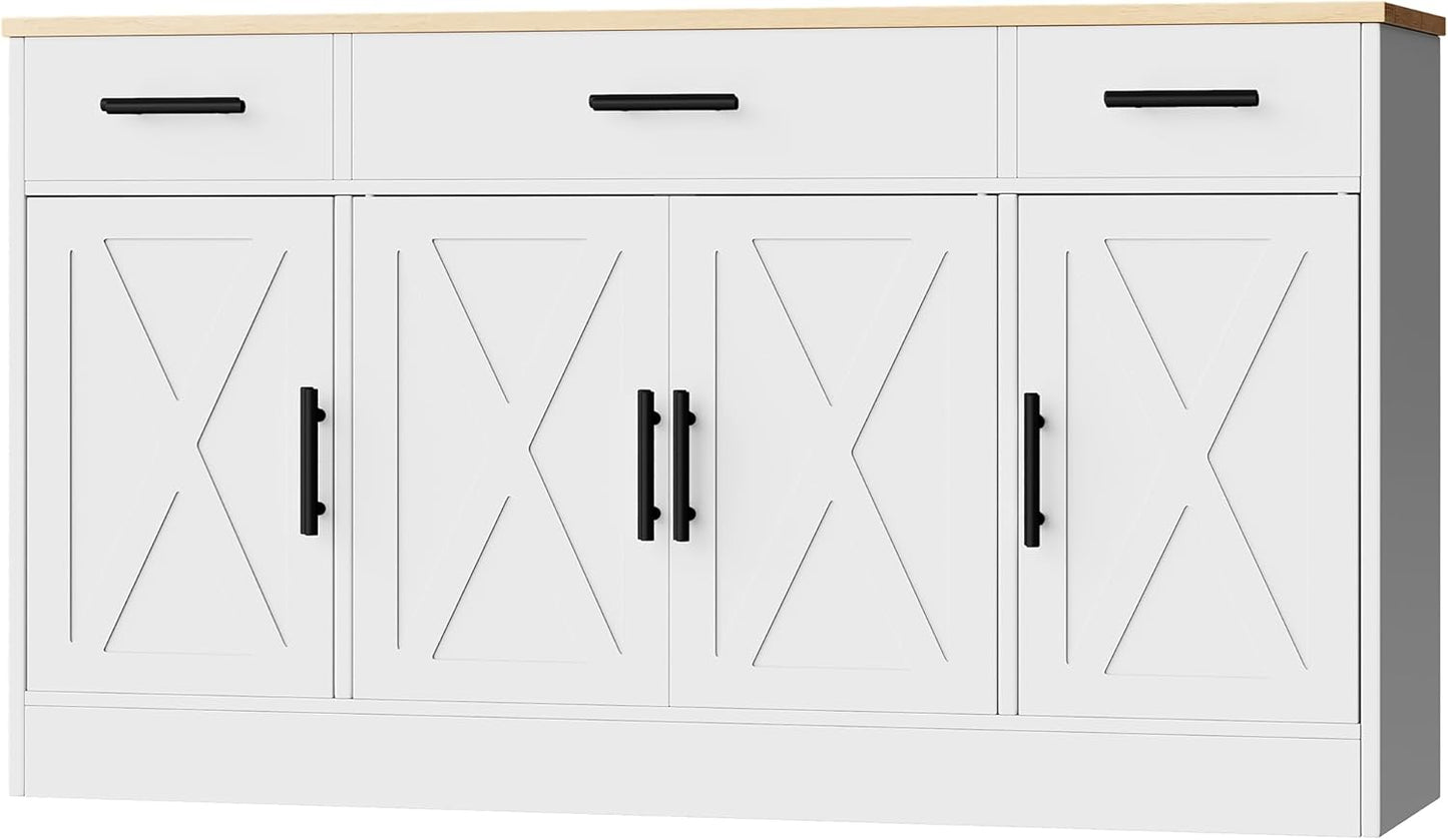 Shintenchi Buffet Cabinet with Storage,53.4" Large Kitchen Storage Cabinet with 3 Drawers and 4 Doors,Wood Farmhouse Buffet Sideboard with Adjustable Shelf for Kitchen Living Room