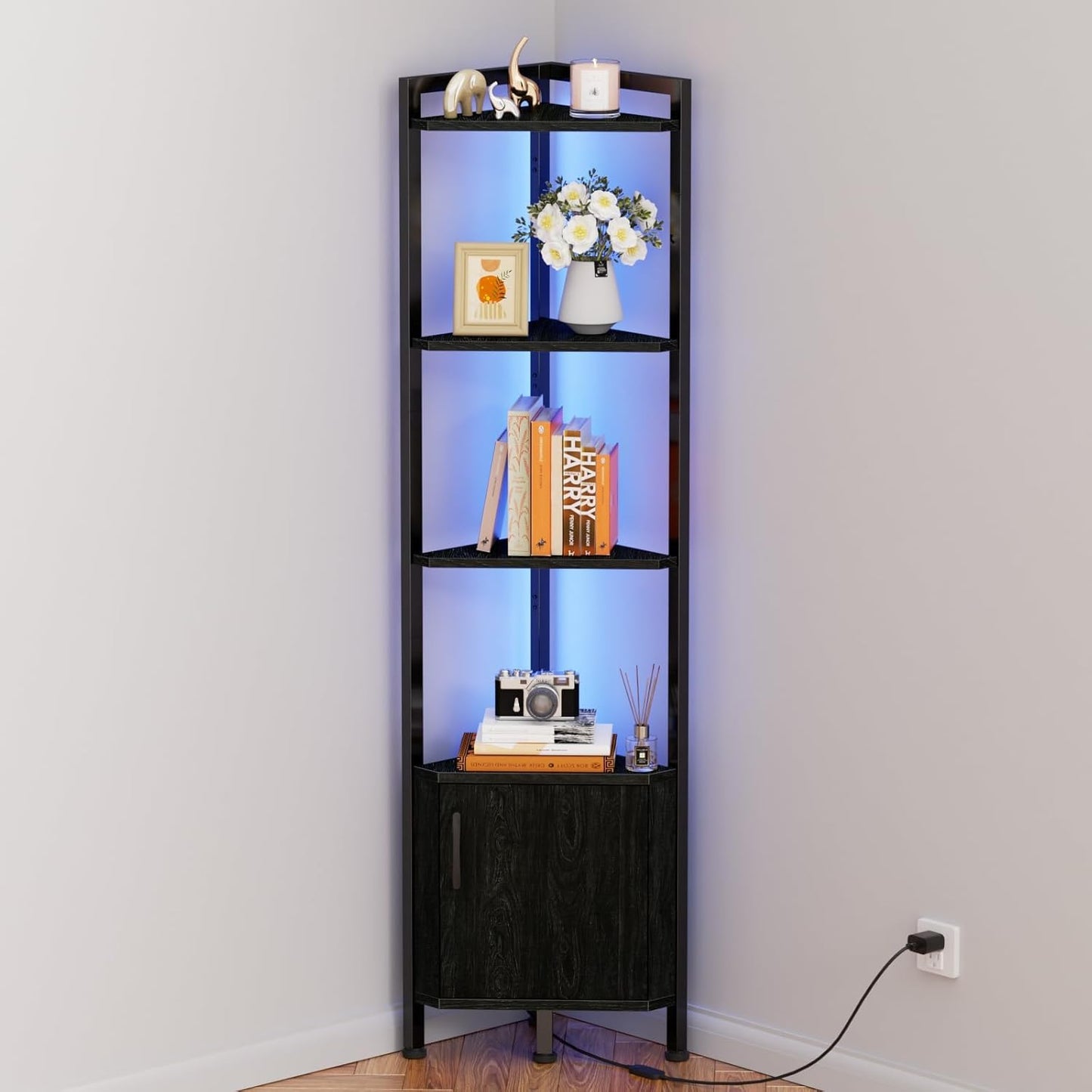 Furnulem Corner Shelf,5-Tier Corner Cabinet with Storage and LED Light, 62.8\u201D Standing Display Bookshelf for Bedroom, Living Room, Kitchen, Wood Display Shelf (Black Oak)