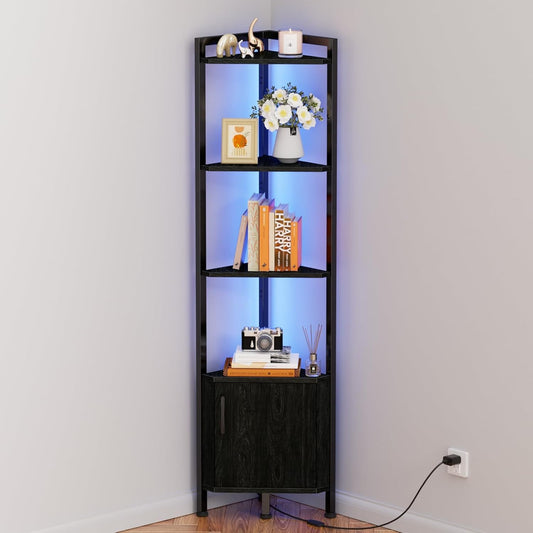 Furnulem Corner Shelf,5-Tier Corner Cabinet with Storage and LED Light, 62.8\u201D Standing Display Bookshelf for Bedroom, Living Room, Kitchen, Wood Display Shelf (Black Oak)