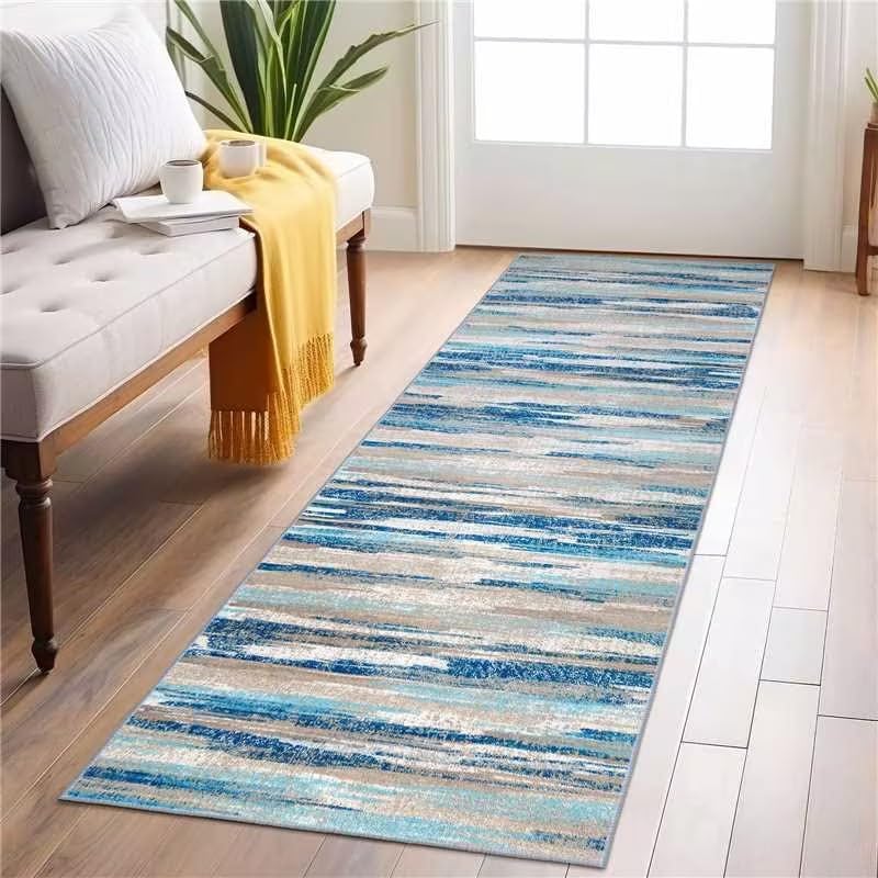 Lansny Modern Abstract 2x6 Blue Washable Kitchen Runner Non-Slip Soft Hallway Rug Runner Thin Print Faux Wool Carpet for Entryway Bedroom Laundry Room Indoor Home Decor