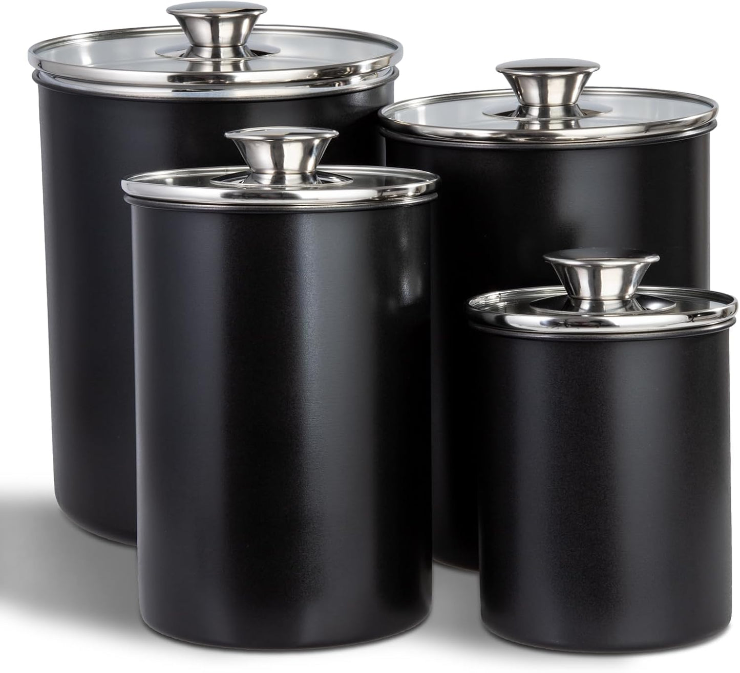 malmo Stainless Steel Food Canister Set of 4-Piece, 16\/49\/85\/132 Ounces,Airtight Containers with Glass Lid for Tea,Coffee,Sugar,Flour,Pantry Kitchen Storage Storeroom Counter (Black)