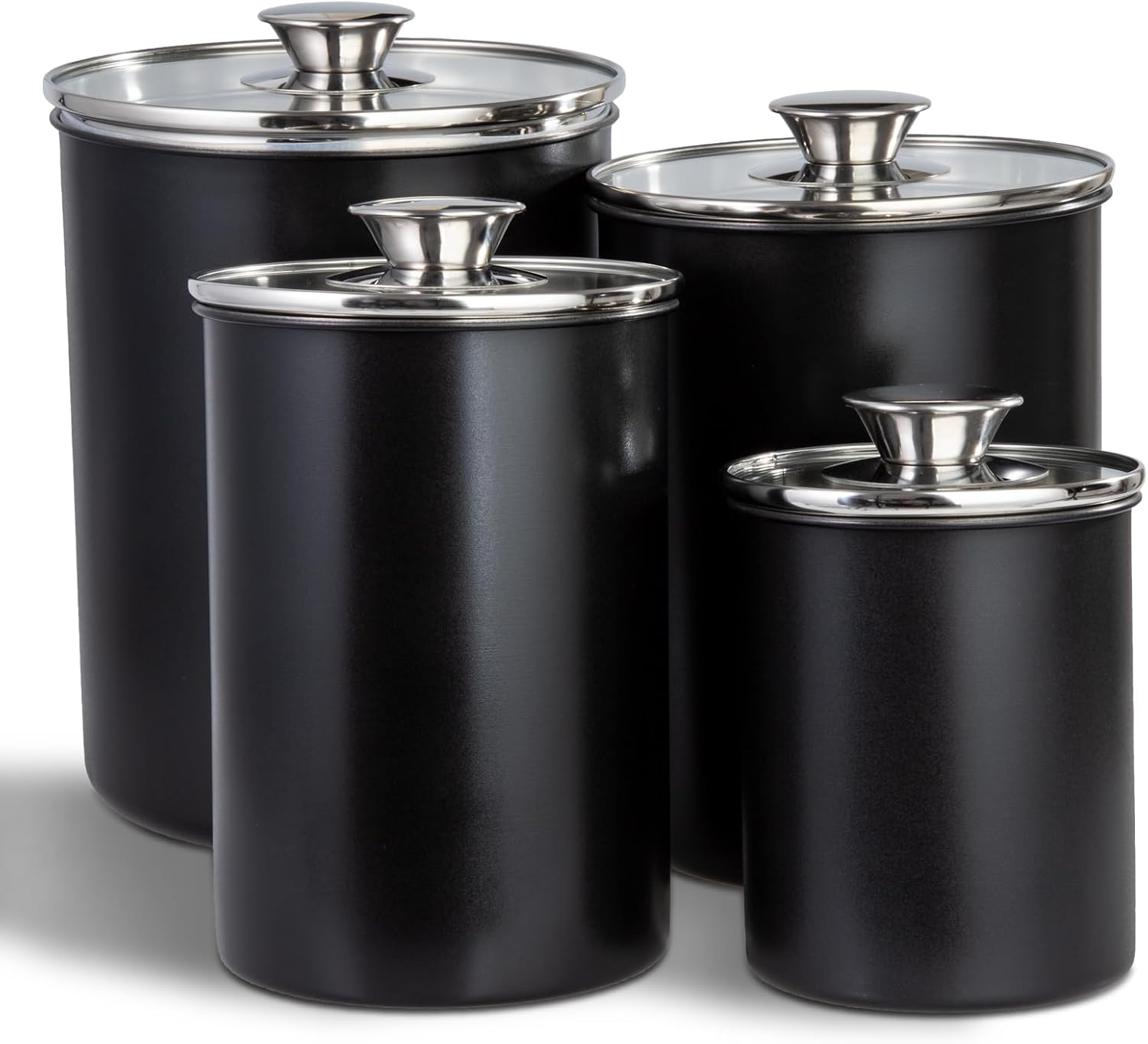 malmo Stainless Steel Food Canister Set of 4-Piece, 16\/49\/85\/132 Ounces,Airtight Containers with Glass Lid for Tea,Coffee,Sugar,Flour,Pantry Kitchen Storage Storeroom Counter (Black)