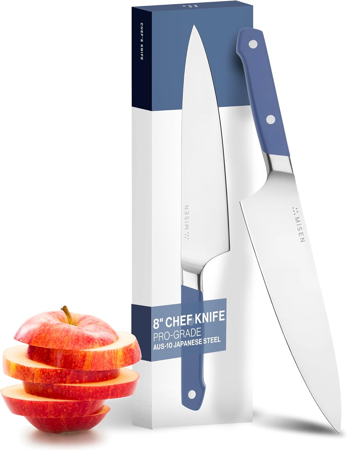 Misen 8" Chef Knife \u2013 High Carbon Japanese AUS-10 Stainless Steel \u2013 Hybrid German & Japanese Blade \u2013 Precision Kitchen Knife for Professionals & Home Cooks \u2013 Ultimate Cutting Performance - Blue