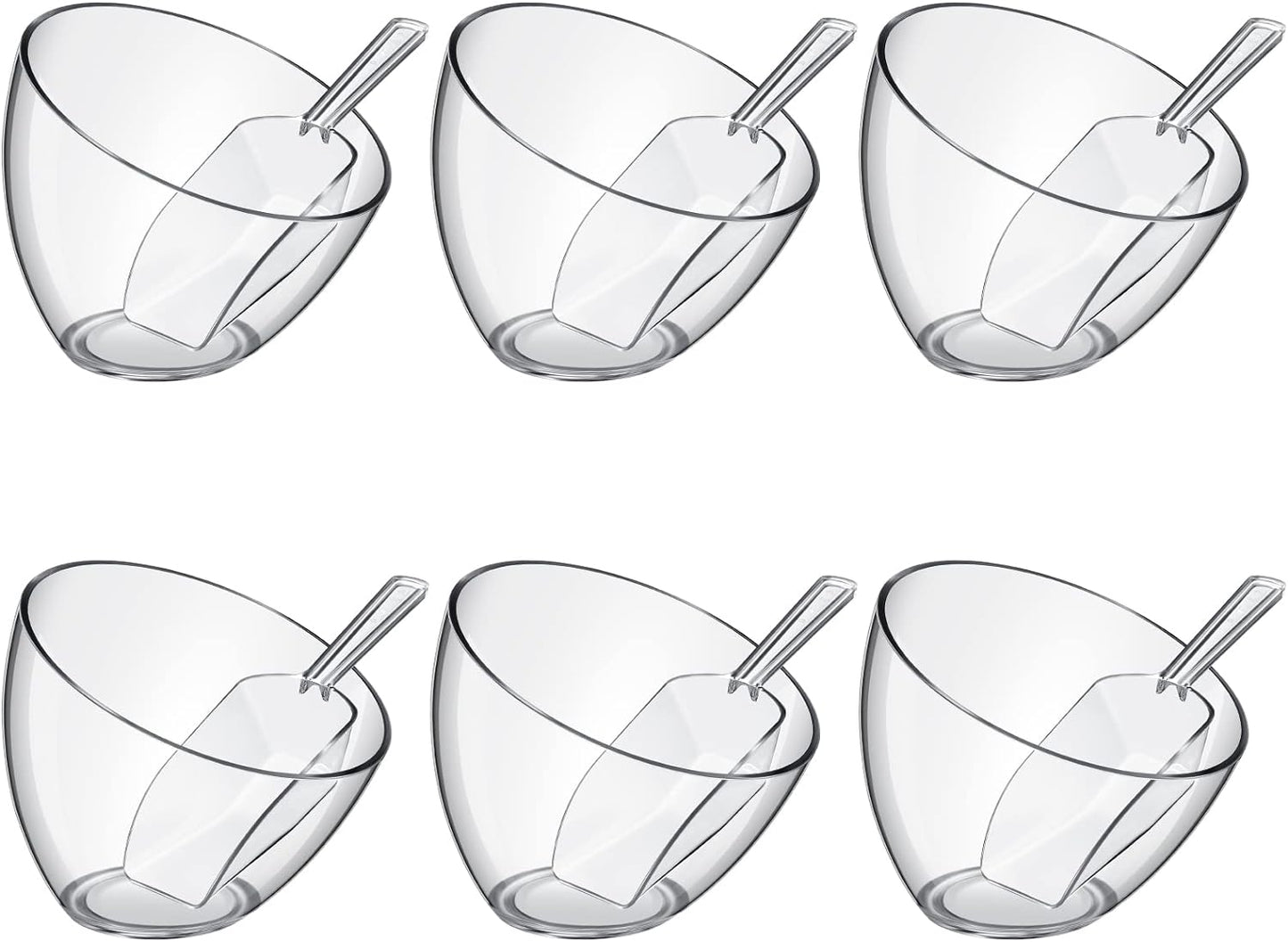 Hoolerry 12 Pcs Serving Bowls Kit Include Clear Plastic Bowls for Parties and Popcorn Measuring Scoops Acrylic Plastic Kitchen Angled Candy Scoops for Office Canister Salad Cooking (25 oz)