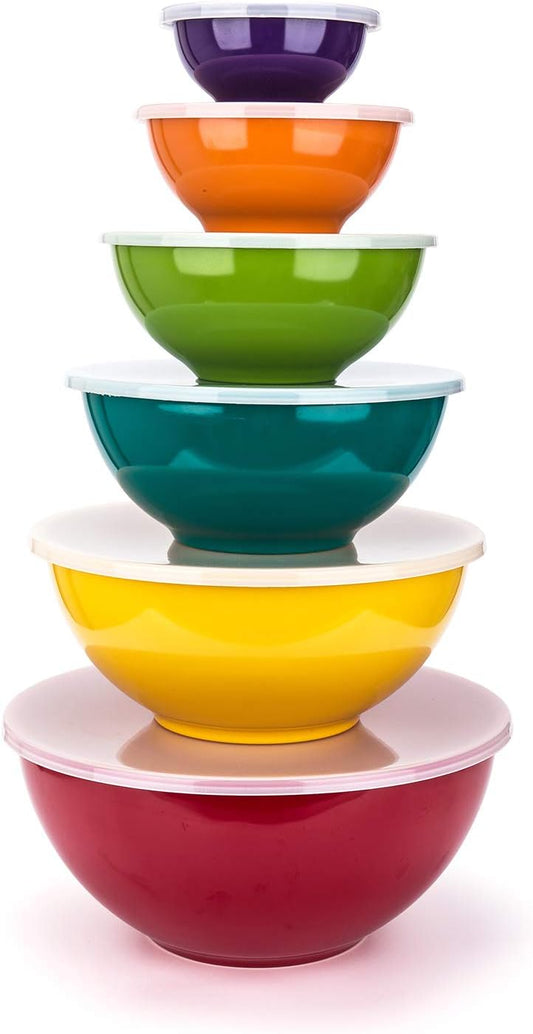 KX-WARE Melamine Mixing Bowls with Lids - 6 Piece Melamine Bowls and 6 Piece Plastic Lids, Multicolor