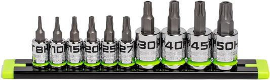 GRIPEDGE Tools | 10-PC RPT Security Star Driver Set | Sizes T8H - T50H | 1/4'' - 3/8" Drive | Made With S2 Steel | Includes Premium Aluminum Socket Rail |