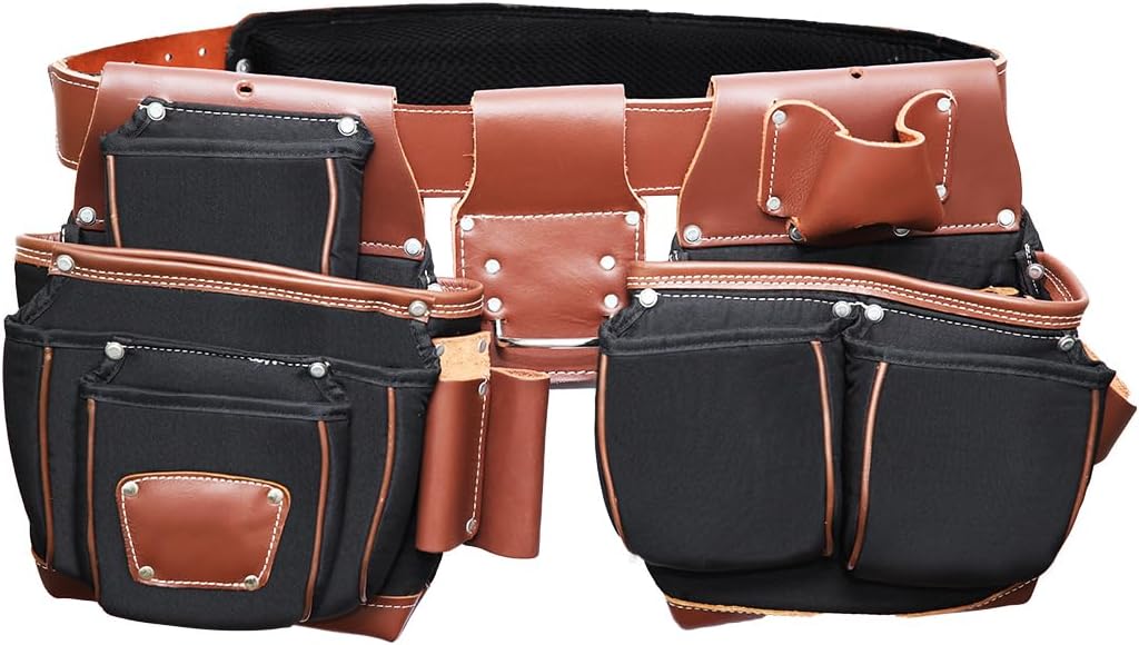 Leather And Nylon Tool Belts For Men, Framers Tool Bags, Leather Tool Belt For Carpenters And Electricians, Nylon Pouch Kit, Heavy Duty Utility Tool Pouch Bag - Black